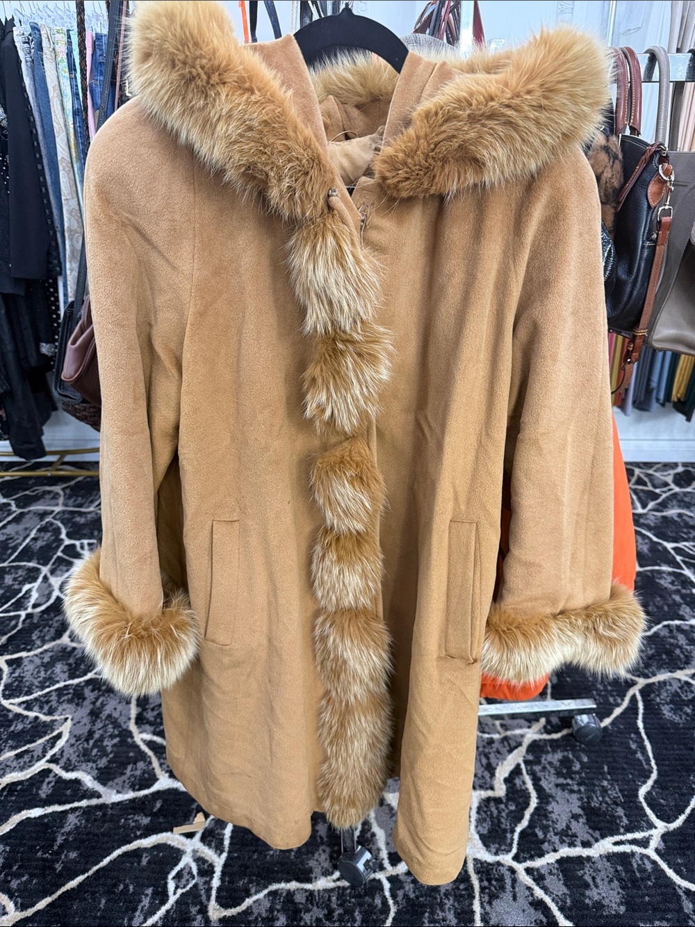 Faux-Fur Trim Hooded Cape Coat in Tan